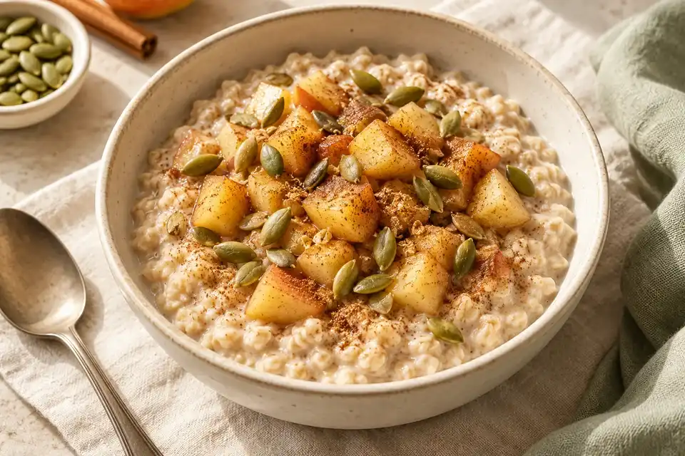 Creamy apple cinnamon oatmeal in a cream bowl topped with diced apple and pumpkin seeds