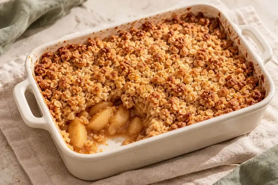 Baked apple crumble with a golden oat topping in a ceramic baking dish