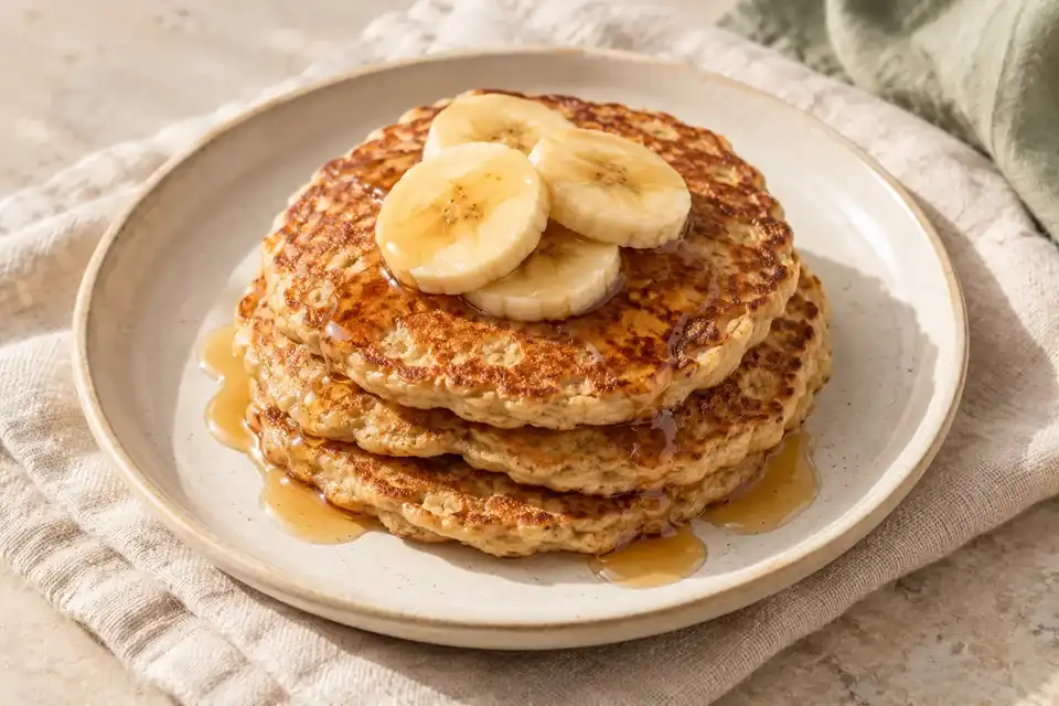 Small banana oat pancakes stacked on a plate with banana slices and maple syrup