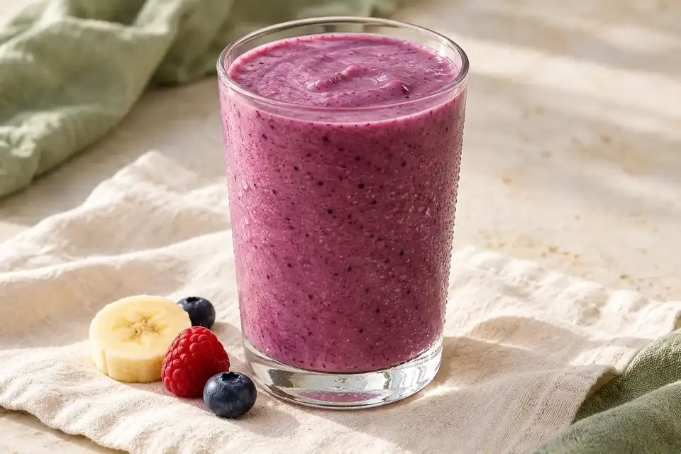 Purple berry banana smoothie in a glass with fresh berries beside it