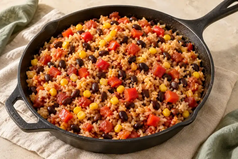 Rice black beans tomatoes corn and bell pepper in a skillet