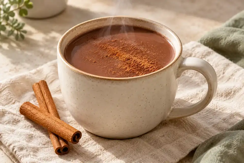 Warm cocoa in a ceramic mug with cinnamon and no marshmallows