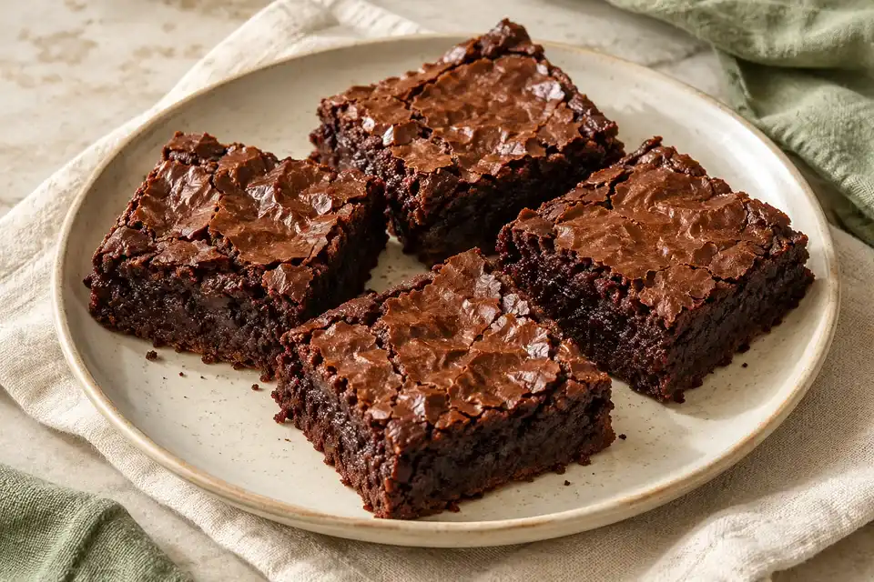Fudgy cocoa brownies cut into squares on parchment paper