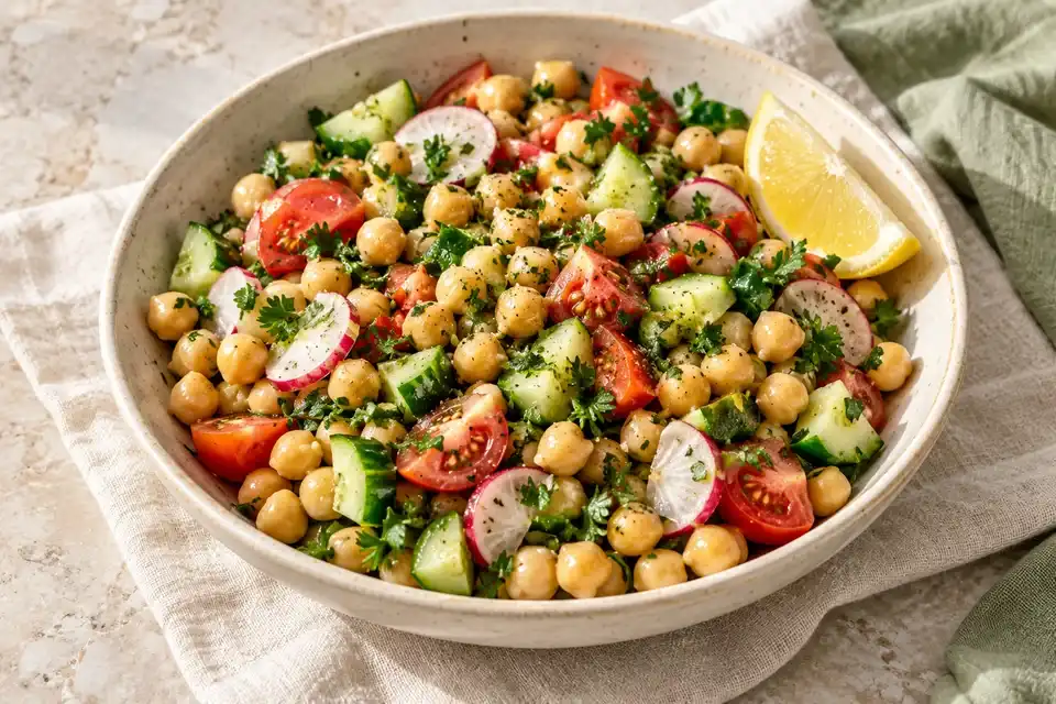 Chickpea salad with cucumber tomatoes radish and parsley in a ceramic bowl