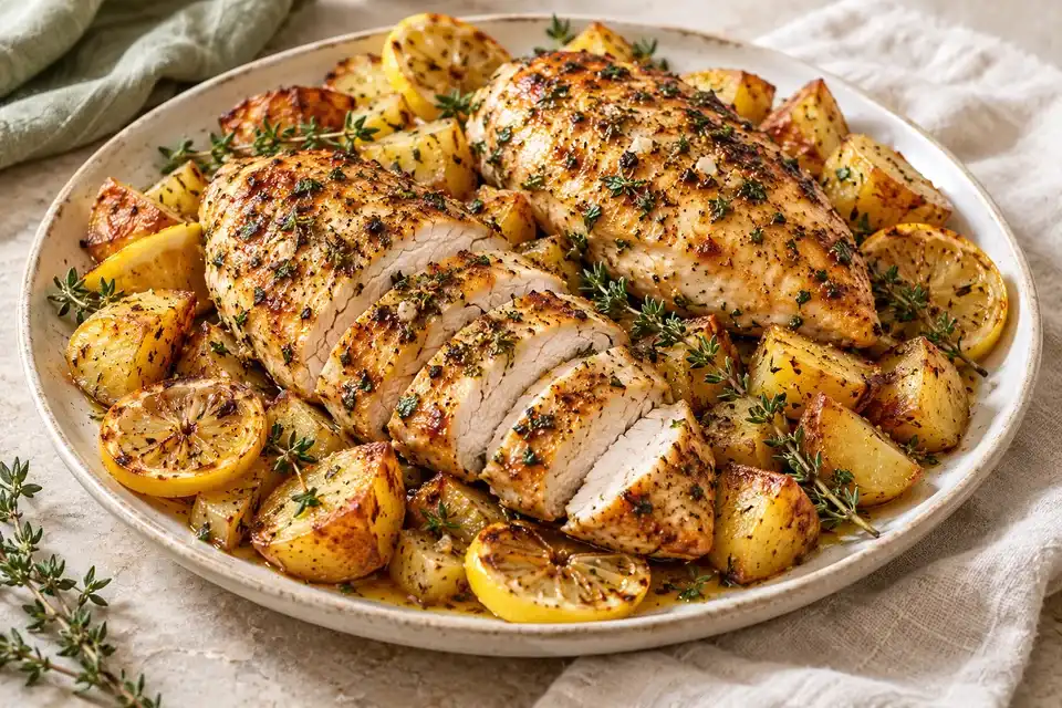 Cooked chicken breasts with golden roasted potatoes lemon slices and thyme