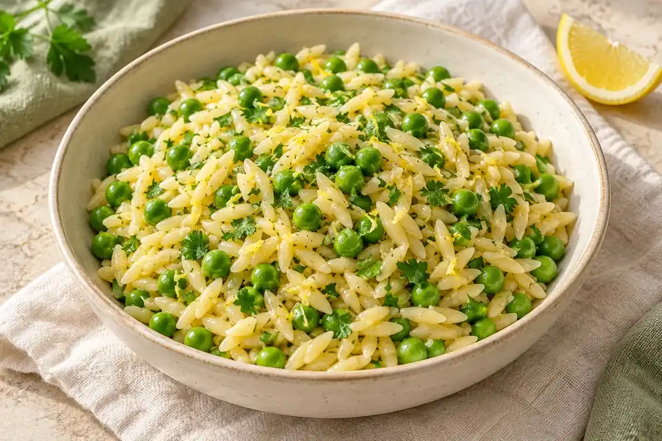 Orzo pasta with green peas lemon and parsley in a bowl