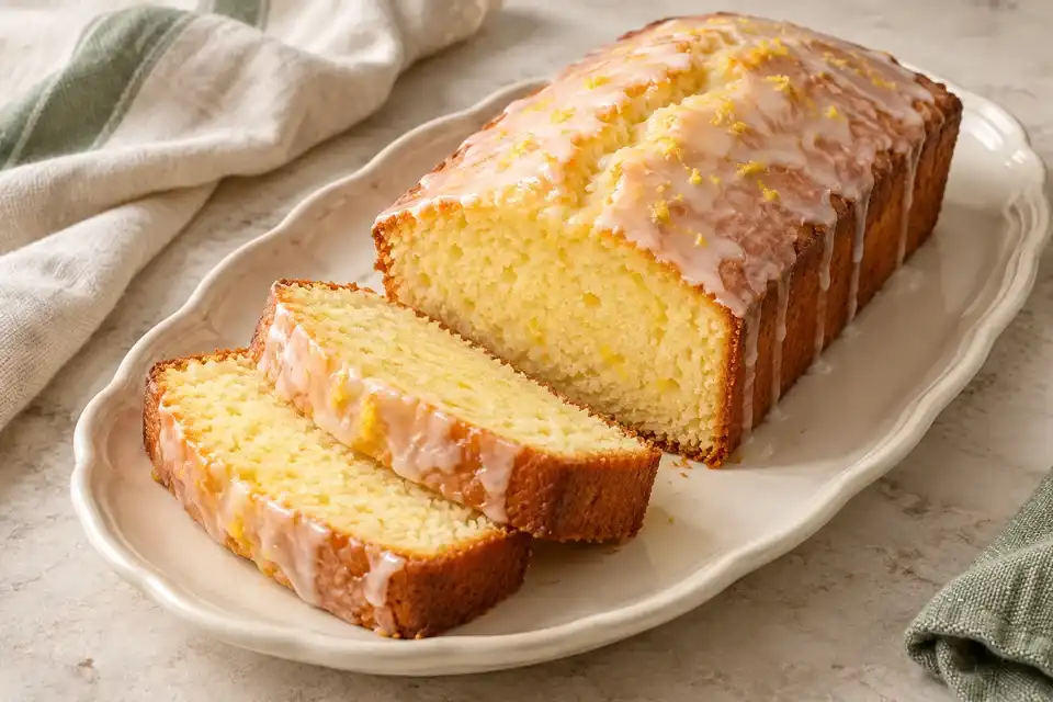 Sliced lemon yogurt loaf with a thin lemon glaze