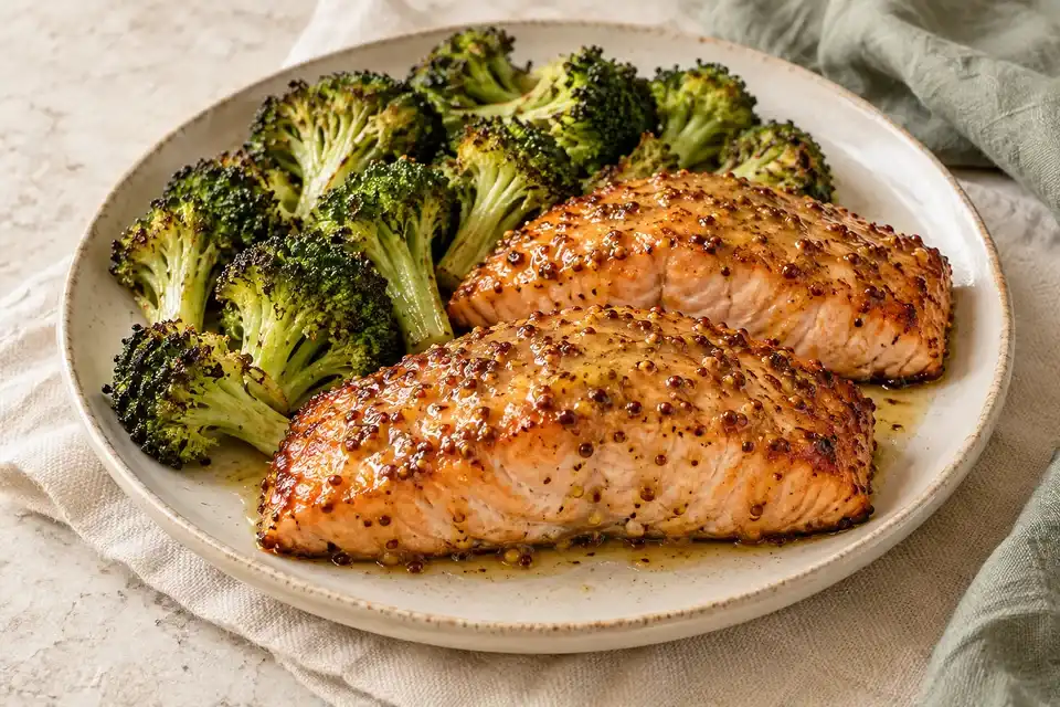 Roasted salmon fillets with mustard glaze and broccoli on a ceramic plate
