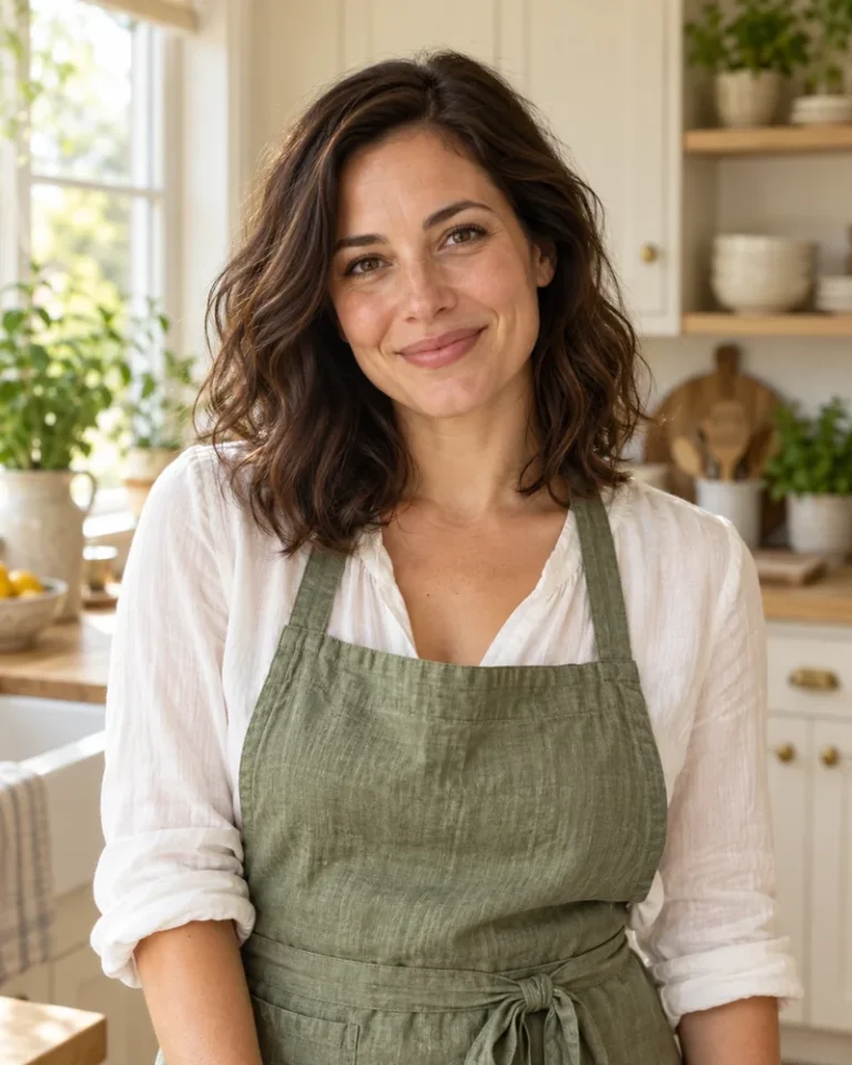 Illustrative portrait of a woman in a sage apron in a sunny kitchen