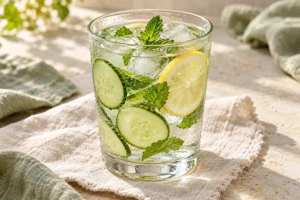 Clear iced cucumber mint lemon water in tall glasses