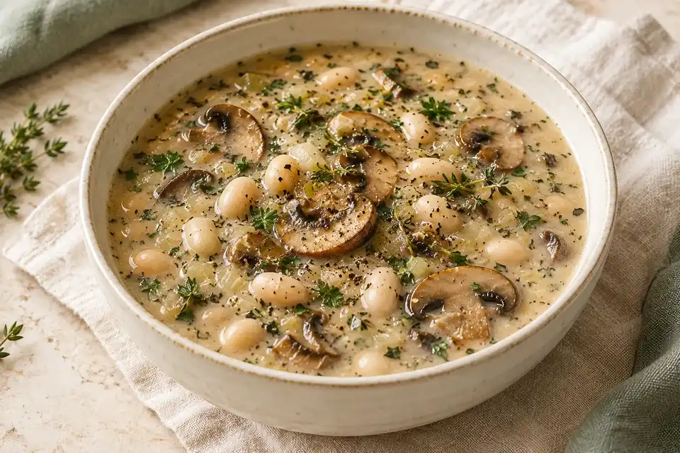 Creamy mushroom soup with visible white beans and sliced mushrooms