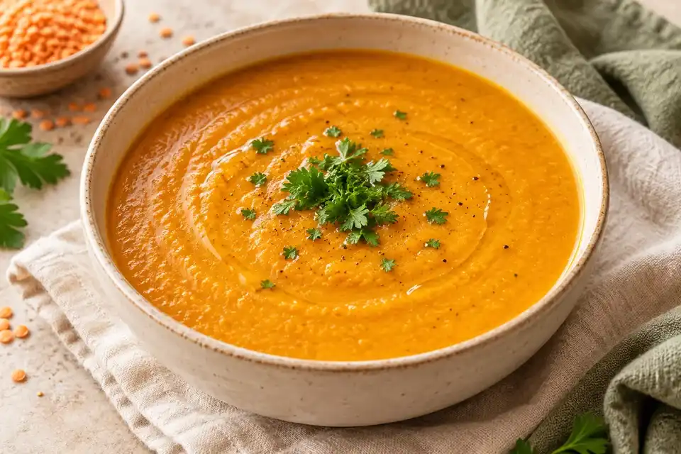 Golden orange red lentil carrot soup with parsley in a shallow bowl