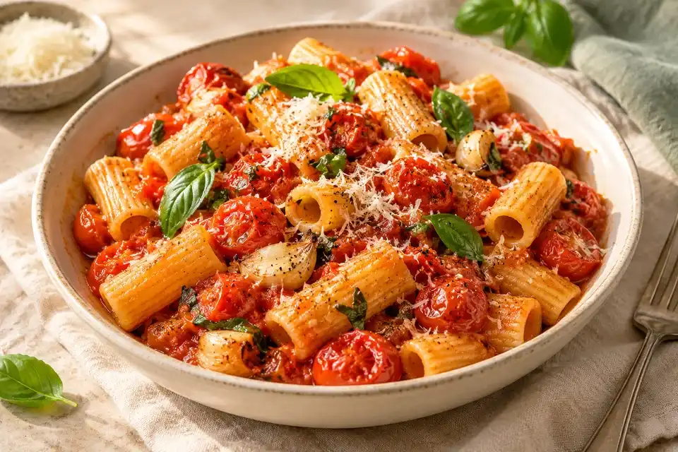 Rigatoni coated in roasted cherry tomatoes garlic and basil with a light scattering of Parmesan