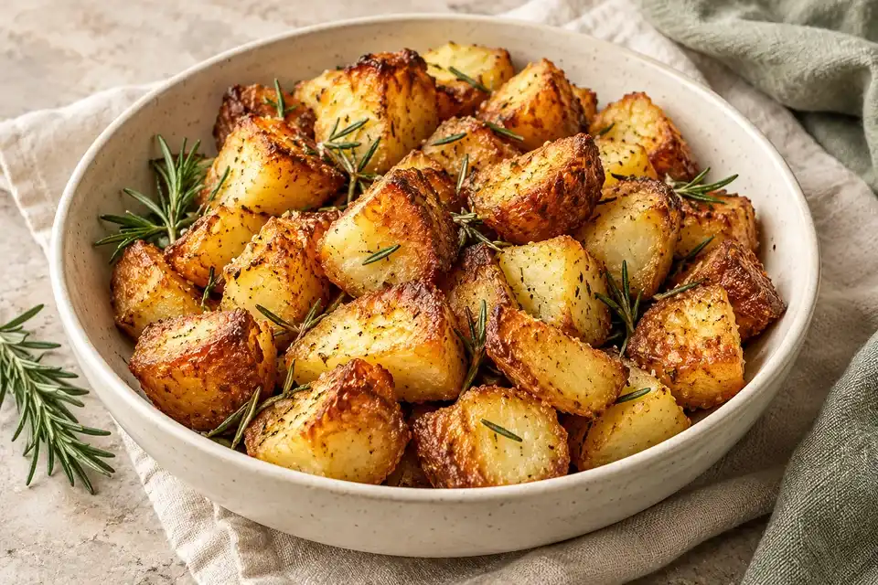 Golden roasted potato pieces sprinkled with rosemary