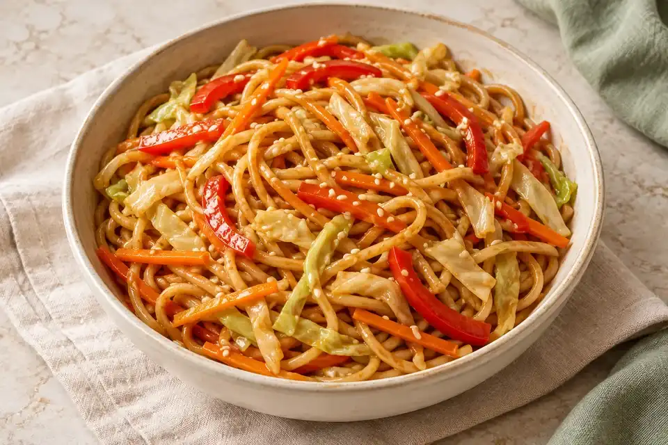 Noodles with sliced carrot bell pepper cabbage and sesame seeds