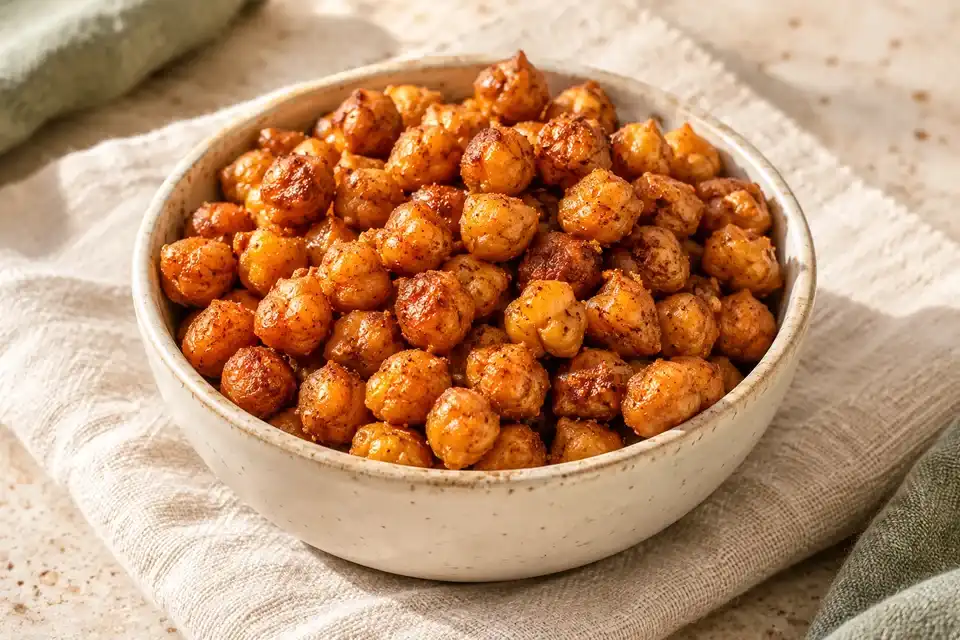 Paprika-roasted chickpeas in a small cream bowl