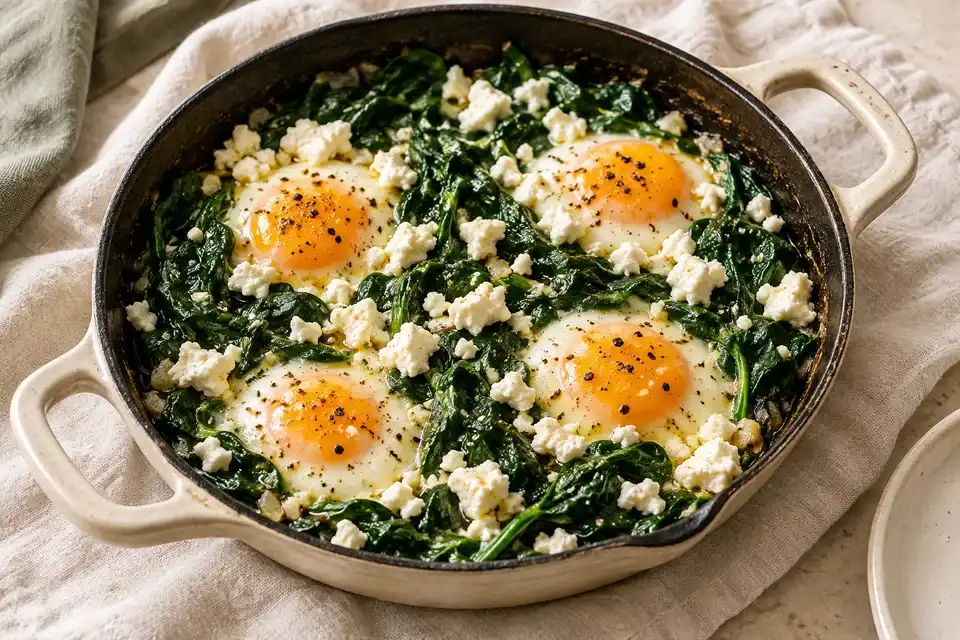 Set eggs in a skillet with wilted spinach and crumbled feta