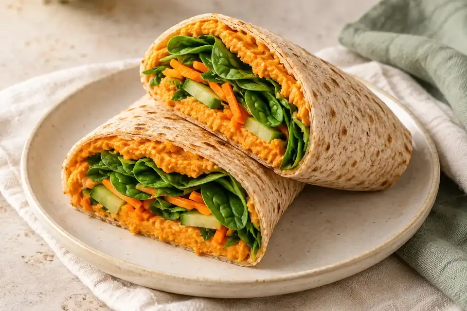 Cut wheat wraps filled with roasted sweet potato hummus and spinach