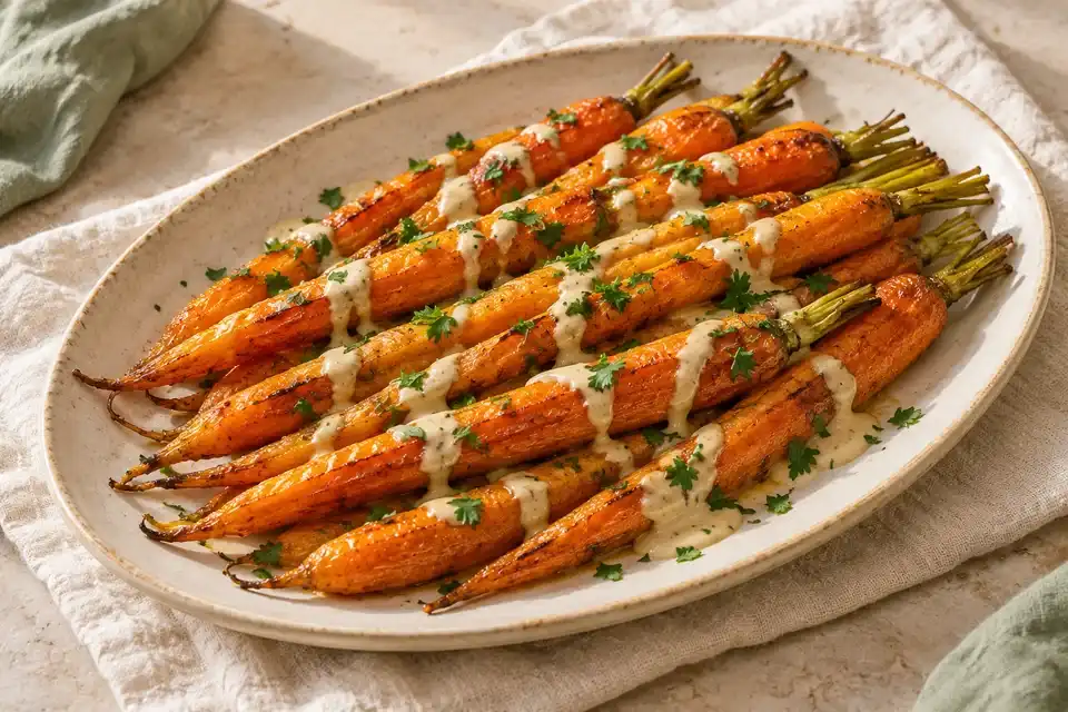 Roasted carrots drizzled with tahini and scattered parsley
