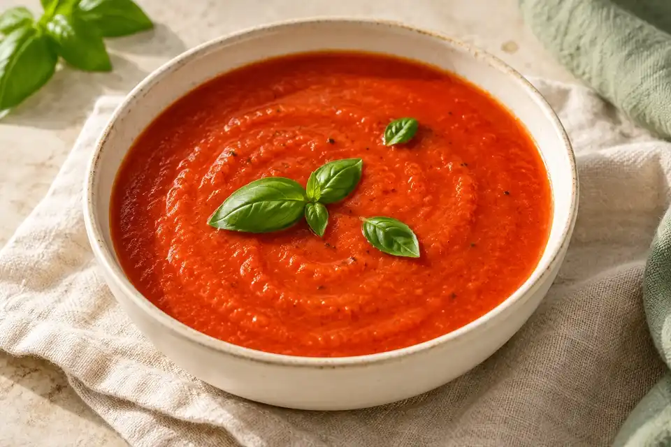 Red tomato and roasted pepper soup topped with fresh basil