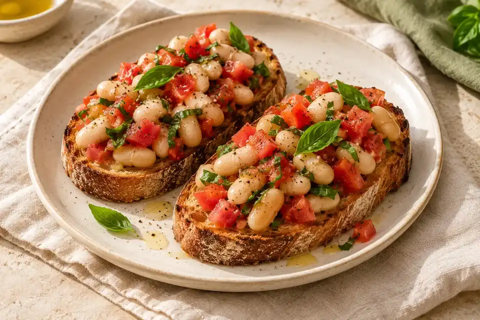 Rustic toast topped with white beans chopped tomatoes and basil